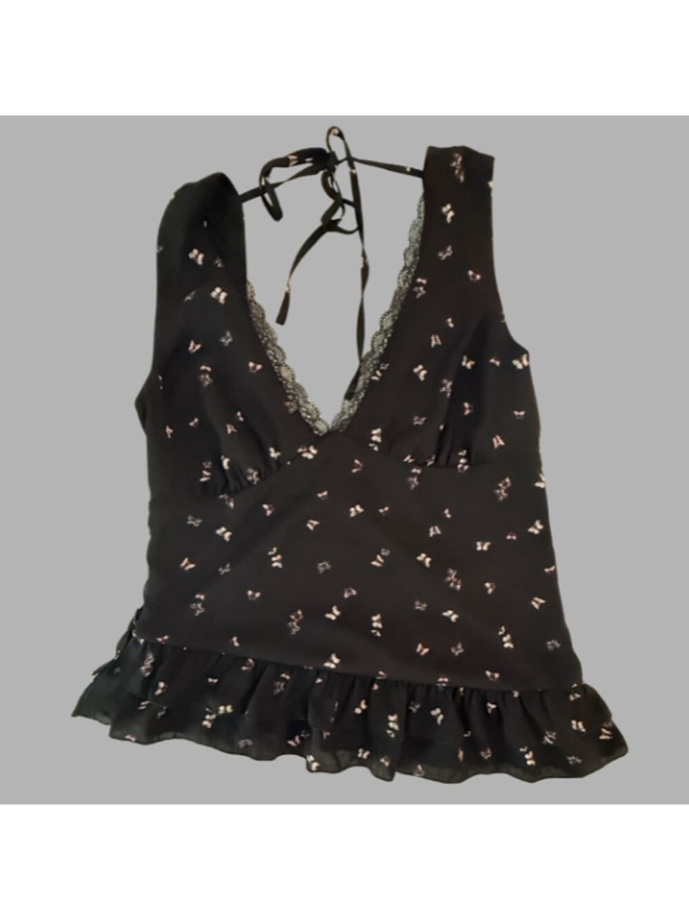 Wild Fable Black Butterfly Print Halter Tank Ruffle Hem Lace Trim Size Small